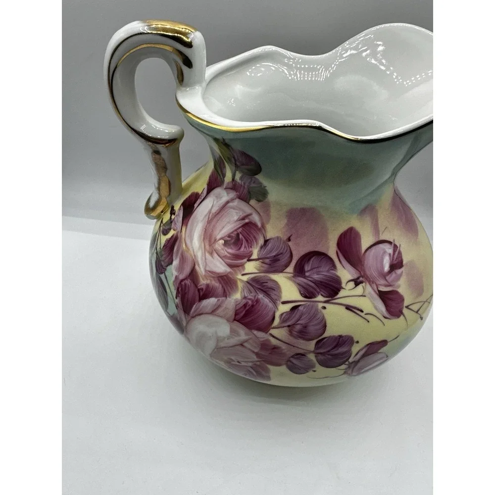 Vintage‎ Hand Painted Porcelain Floral Pitcher Ewer Gold Gilt Pink Roses 8.5